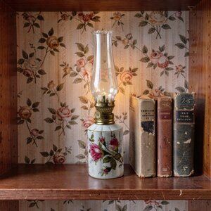 Vintage Floral Porcelain Oil Lamp With Glass Chimney 9.5" Tall Functional Brass